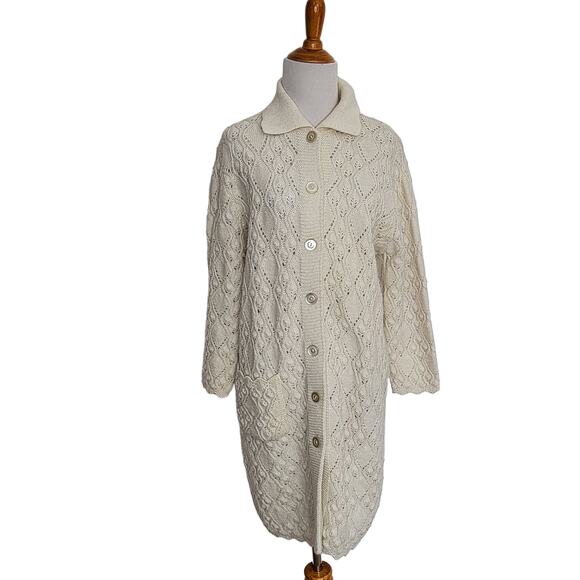 Vintage Wintuk Longline Cardigan Sweater Ivory Cable Knit Acrylic Women Large - Picture 1 of 14